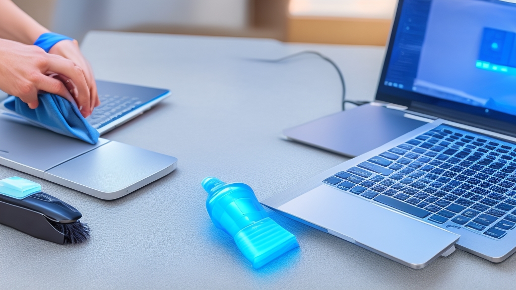 Lépésről lépésre laptop tisztítási folyamat sűrített levegővel és mikroszálas kendővel professzionális környezetben